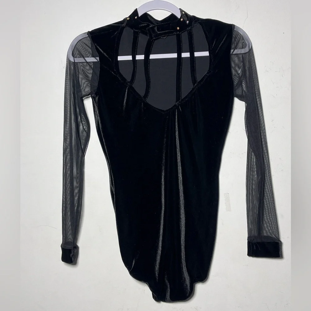 Carol Dupuis Jazz Skin Black Velvet Mesh Sleeve Rhinestone Leotard Bodysuit used